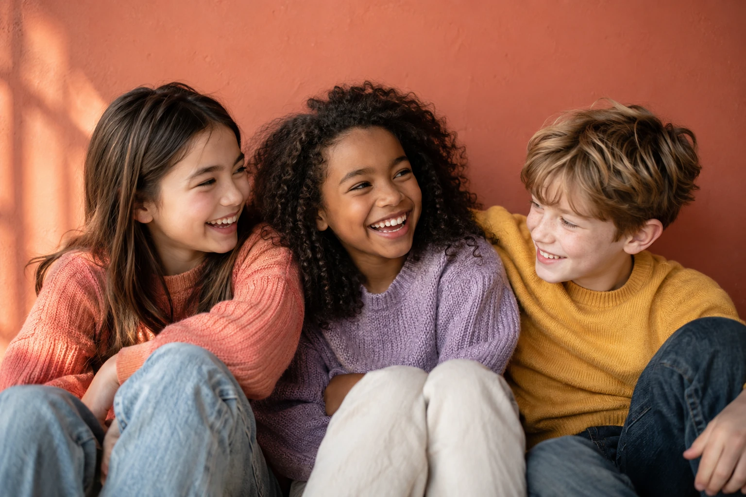 Three children laughing together against a coral-colored wall.