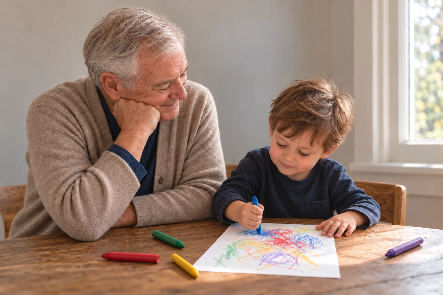 Grandfather watching his young grandson draw with crayons at a sunlit table.