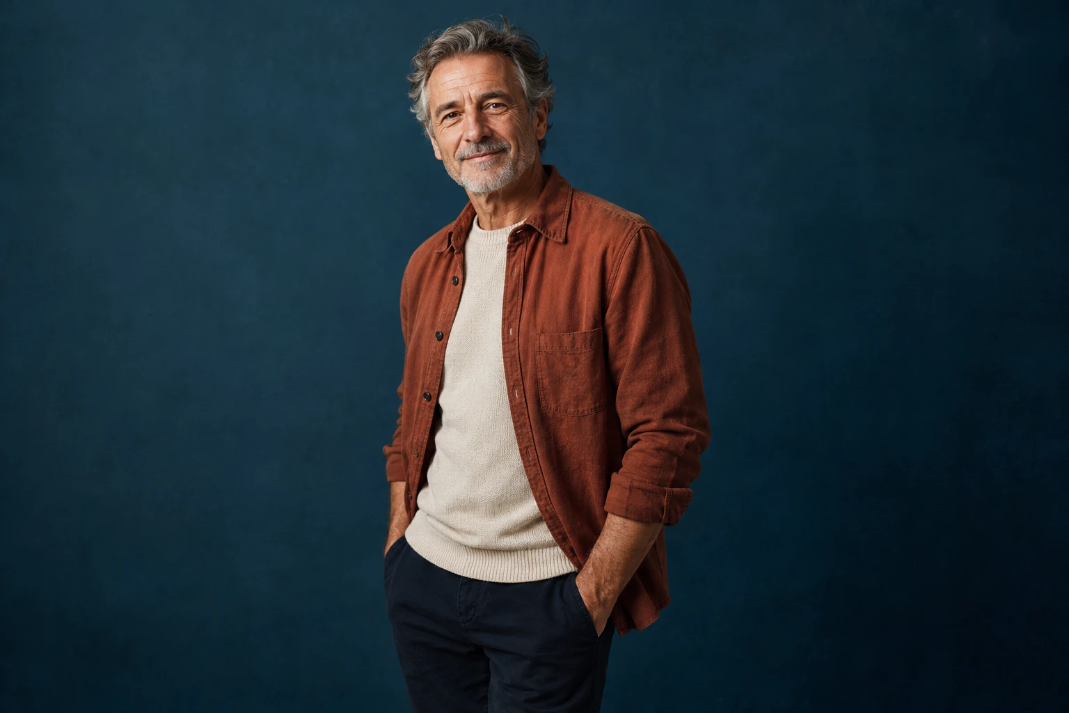 Gray-haired man in a rust-colored shirt against a deep blue background.