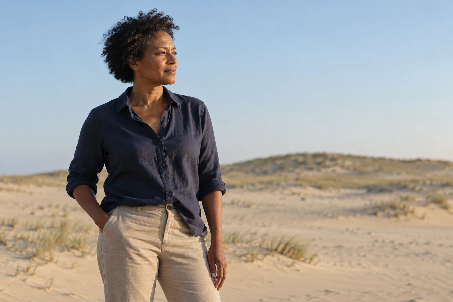 Woman standing among sunlit dunes, looking toward the horizon.