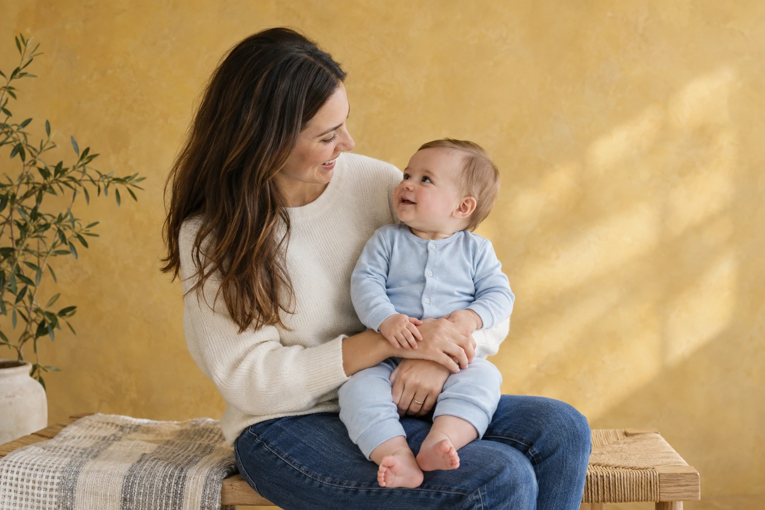 Woman smiling at an infant seated on her lap in a warm, sunlit room.