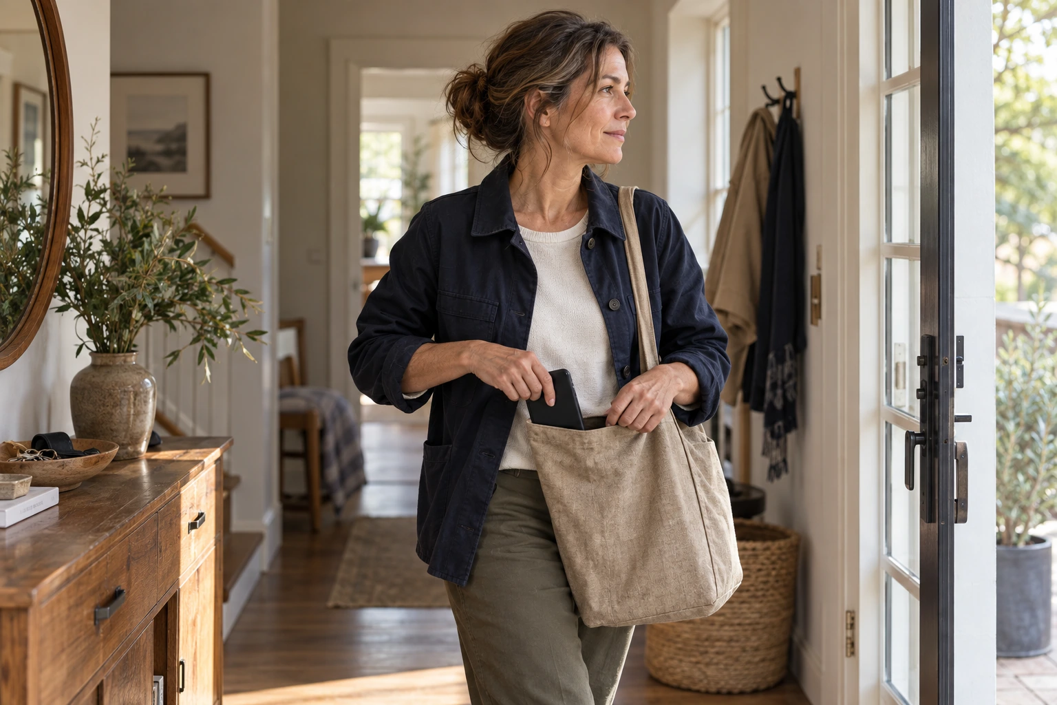 Woman placing her phone in a tote bag beside an open front door.