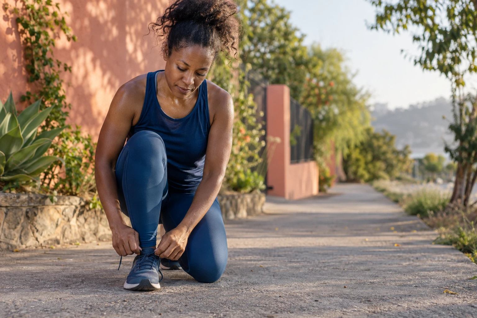 Woman in blue athletic clothing tying her shoe on an outdoor path.